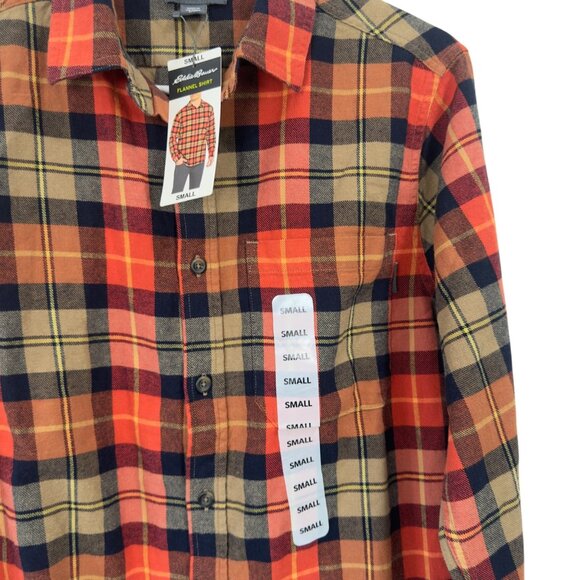 Eddie Bauer Mens Small Plaid Flannel Button Down Shirt Orange/Black/Beige - Picture 4 of 11